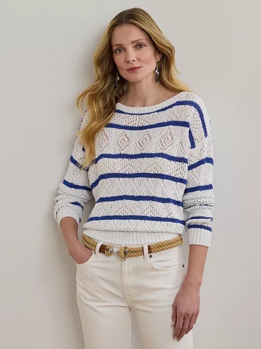 Lauren Ralph Lauren White and Blue Striped Open-Knit Crew Sweater